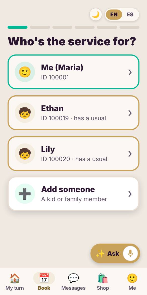 Tap Book and pick who the service is for: you, or a kid or family member.