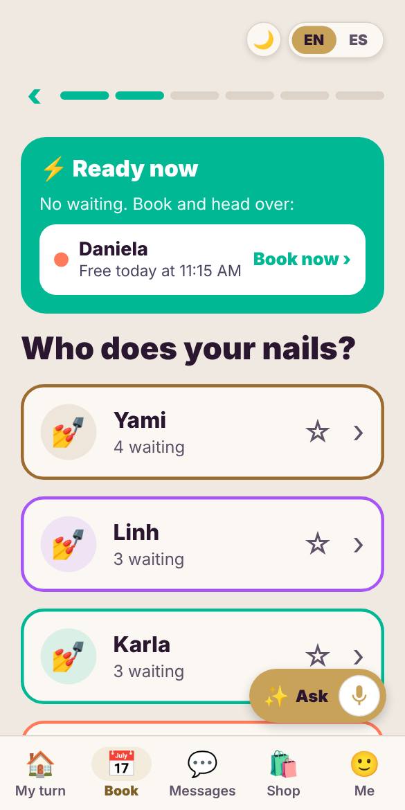 Pick who does your nails (or whoever is free first), then the service and a time.