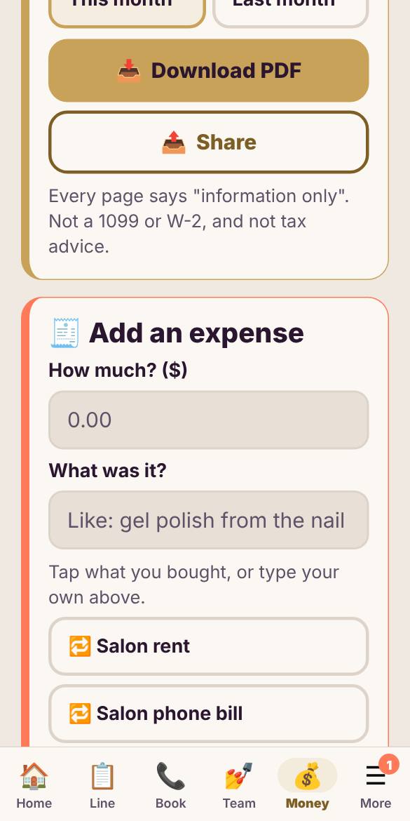 Tap Add expense, snap the receipt or type the amount, pick what it was for, and save.