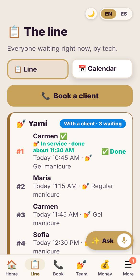 Open The line to see each tech’s clients in order, walk-ins and bookings together.
