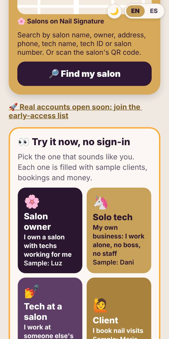 Tap Try the demo, then pick Salon owner. No sign-in needed.