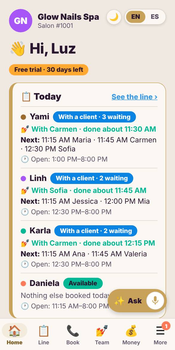 Home shows today: who is with a client, who is waiting, and what to set up next.