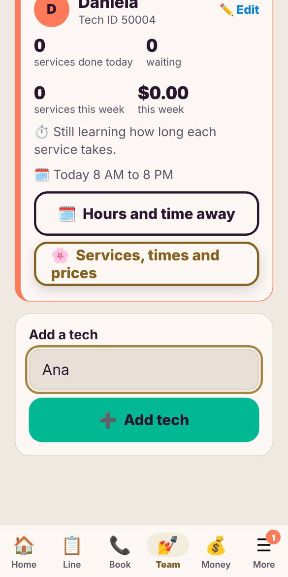 Open Team, type the tech’s name and tap Add tech.
