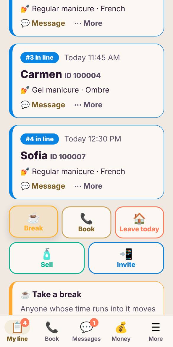 Tap Break and pick how long. Your line shows a live "back in" countdown.