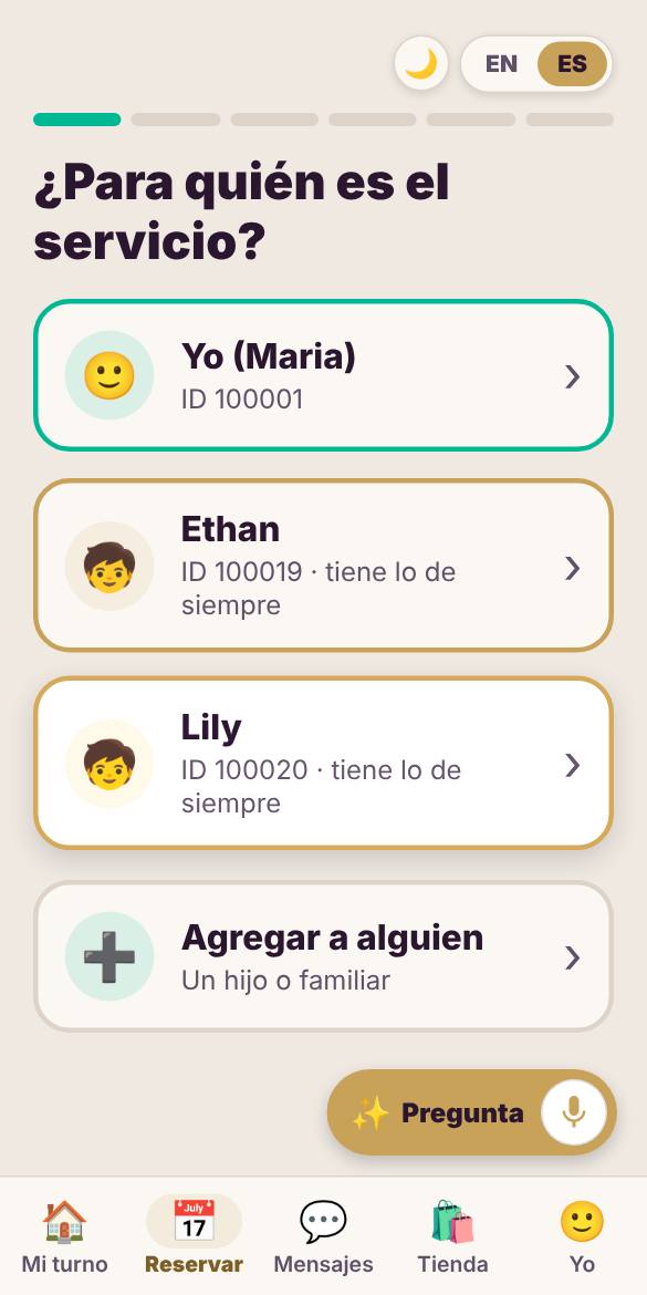 Toca Reservar y elige para quién es el servicio: tú, o un hijo o familiar.
