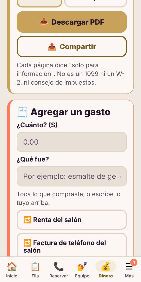 Toca Agregar gasto, toma la foto del recibo o escribe la cantidad, elige para qué fue y guarda.