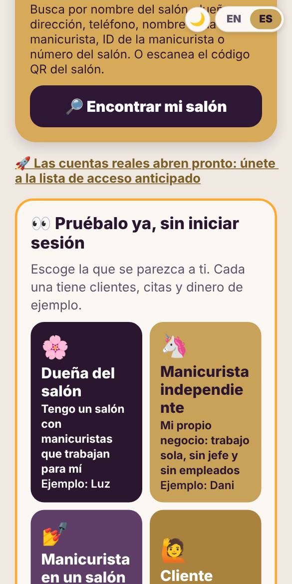 Toca Probar la demo y elige Dueña del salón. Sin registrarte.