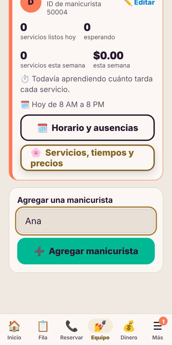 Abre Equipo, escribe el nombre de la manicurista y toca Agregar manicurista.