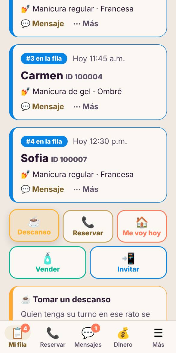 Toca Descanso y elige cuánto tiempo. Tu fila muestra una cuenta regresiva.