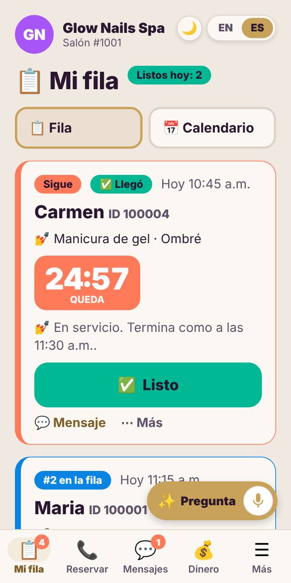 Mi fila muestra quién está en tu silla y quién sigue.